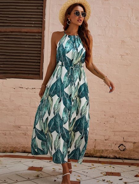 

tropical print tie front halter dress z9jm#, Black;gray