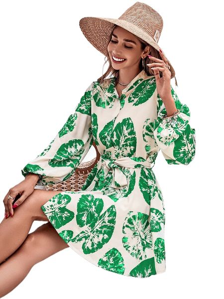 

tropical print lantern sleeve belted shirt dress p4iw#, Black;gray