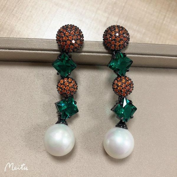 

dangle & chandelier bilincolor trendy green and orange cubic zirconia slim cute clam shell pearl drop earring for women 2022, Silver