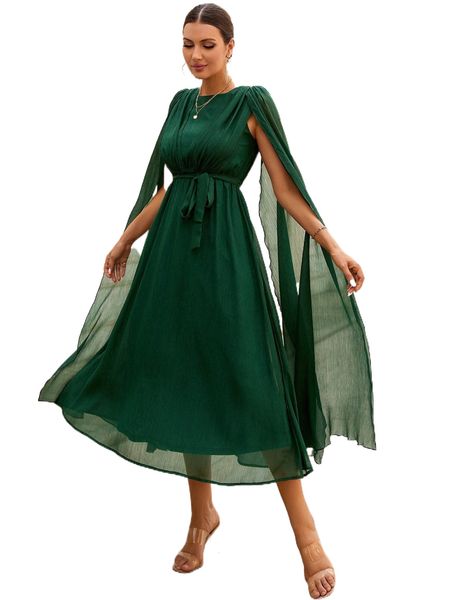 

cloak sleeve belted chiffon dress w82f#, Black;gray