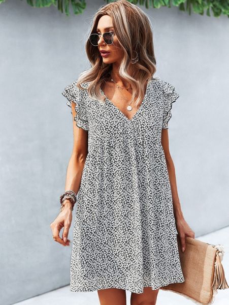 

ditsy floral butterfly sleeve tunic dress g9i4#, Black;gray