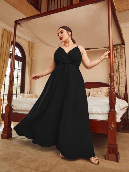 

plus surplice neck solid cami dress a2pw#, Black