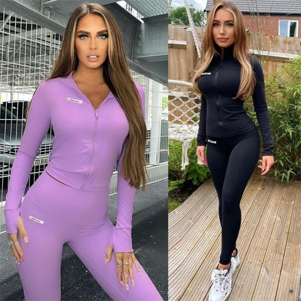 

women's 2-piece yoga suit gym training running sportswear long sleeve tight leggings workout clothes set purple pants 220330, Gray