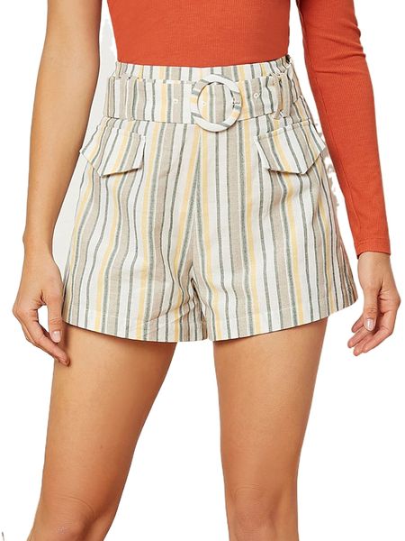 

stripe flap detail buckled belted shorts j43y#, White;black