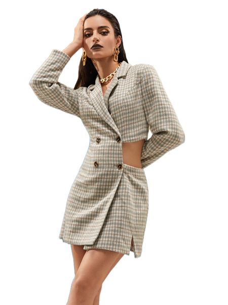 

x brijanay plaid print double breasted cut out overcoat 41wk#, Black
