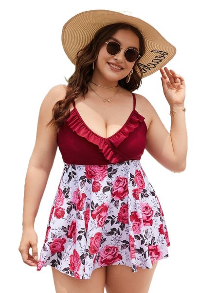 

plus floral print ruffle trim bikini swimsuit z9yb#, White;black