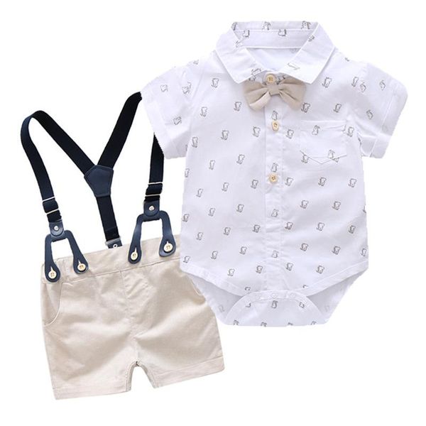 Set di abbigliamento Set di vestiti da gentiluomo per neonato Completo estivo per bambino Camicia bianca con papillon Pantaloncini con bretelle Abbigliamento formale per ragazzi nati