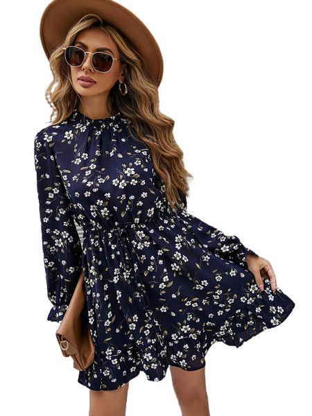 

floral print tie front flounce sleeve ruffle hem dress n9tk#, Black;gray