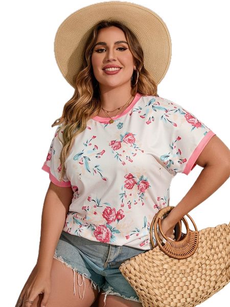 

plus floral print contrast binding batwing sleeve tee q8bb#, Black