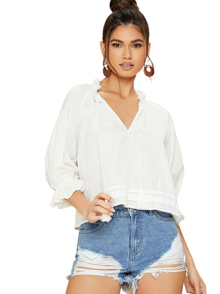 

frill trim bell sleeve d8mw#, White