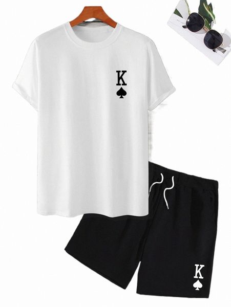 

men playing card print tee & drawstring shorts l49c#, Gray