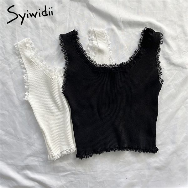 Syiwidii ​​Dantel Siyah Tank Tops Kadınlar Için Giyim Kırpma Üst T Gömlek Sevimli Seksi Beyaz Büstiyer Kısa Katı Spandex Streç Örme 220325