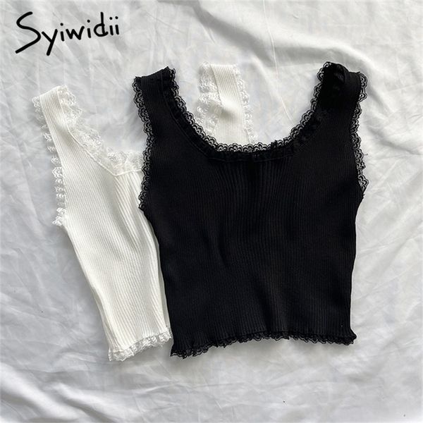 Syiwidii Pizzo Nero Canotte per le Donne Vestiti Crop Top T Shirt Carino Sexy Bianco Bustier Corto Solido Spandex Stretch Lavorato A Maglia 220325