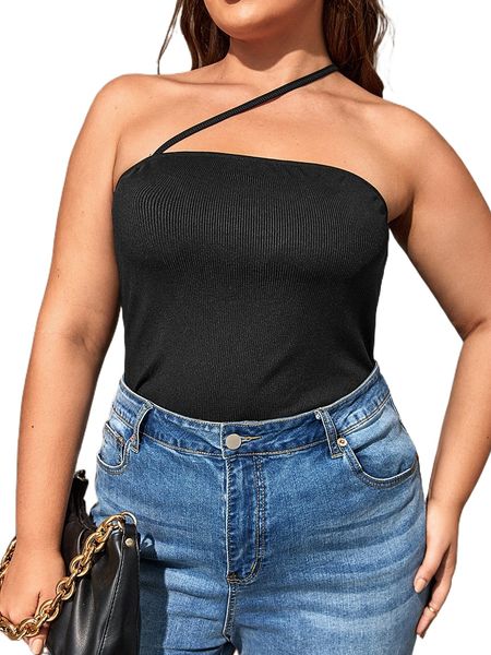 

plus one shoulder ribbed knit f4fh#, Black