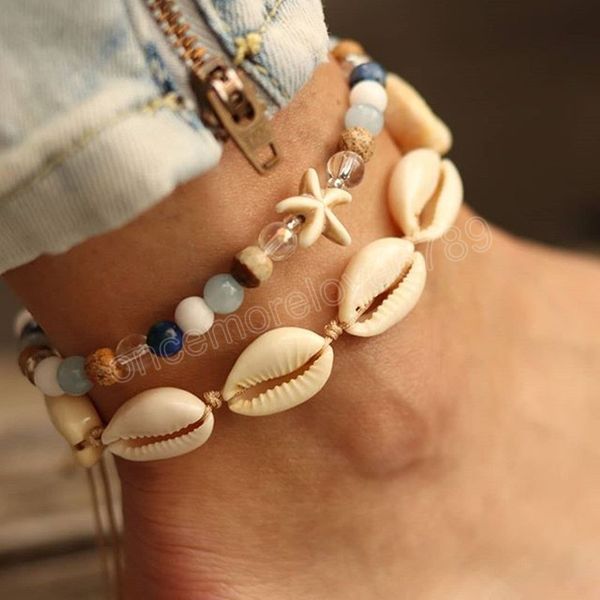 

bohemian double layers starfish shell beads anklet fashion handmade foot bracelets jewelry, Red;blue