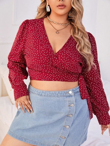 

plus polka dot bishop sleeve knot side crop wrap blouse e5zh#, Black