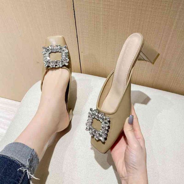 

summer style cool slippers women's comfortable square head high-heeled temperament rhinestone buckle thick, Black