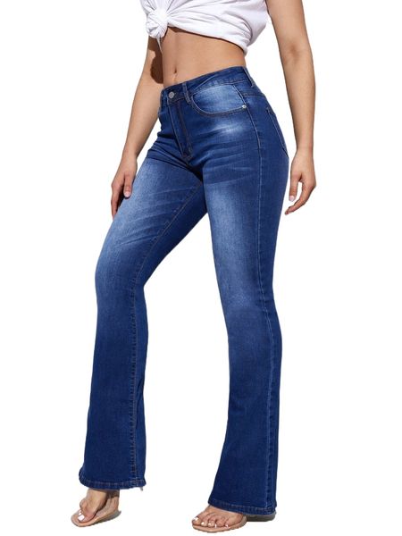 

high waist bleach wash flare leg jeans b7fd#, Blue