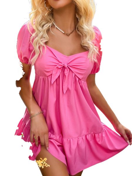 

puff sleeve tie front ruffle hem dress u88n#, Black;gray