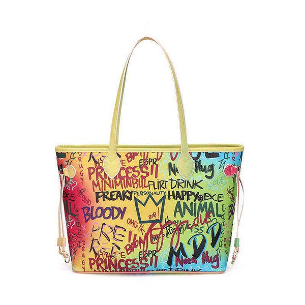 

fashion colorful large capacity painted graffiti handbags pu leather shopping tote ladies bags 220430
