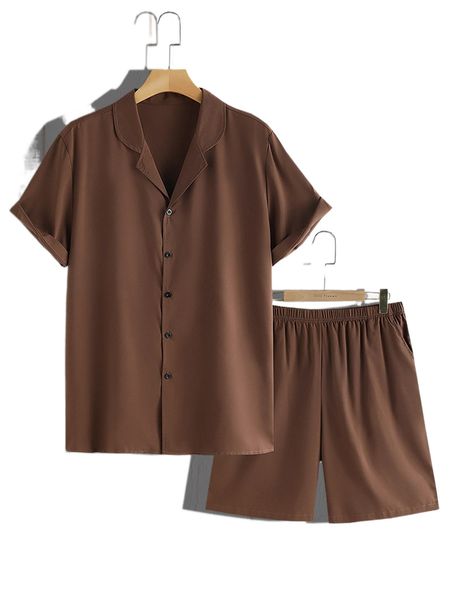 

men solid lapel neck shirt & shorts p0mr#, Gray