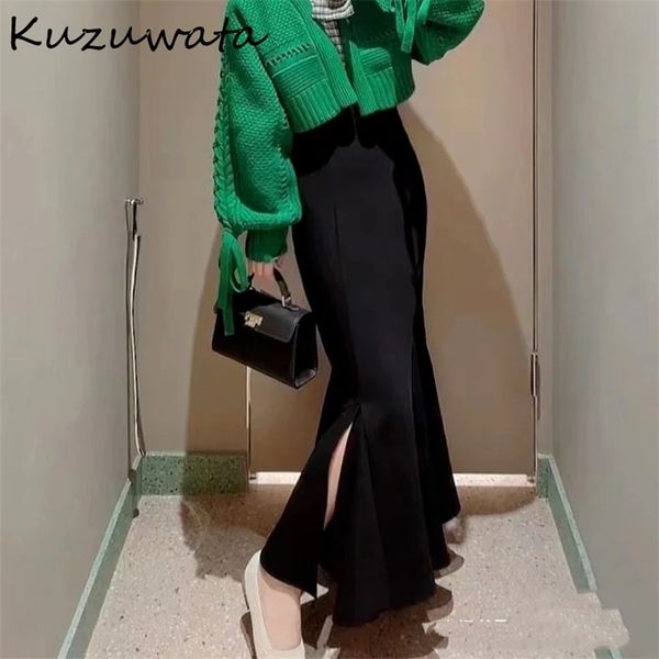 

kuzuwata winter women jupes japanese temperament mujer faldas high waist irregular slim solid mermaid skirt 220324, Black