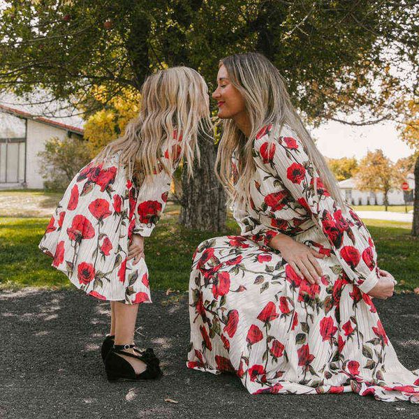 

2021 mom and daughter floral long sleeve dress clothes family look matching outfits wedding party mommy and me long dresses 5-12 aa220326, Red;yellow