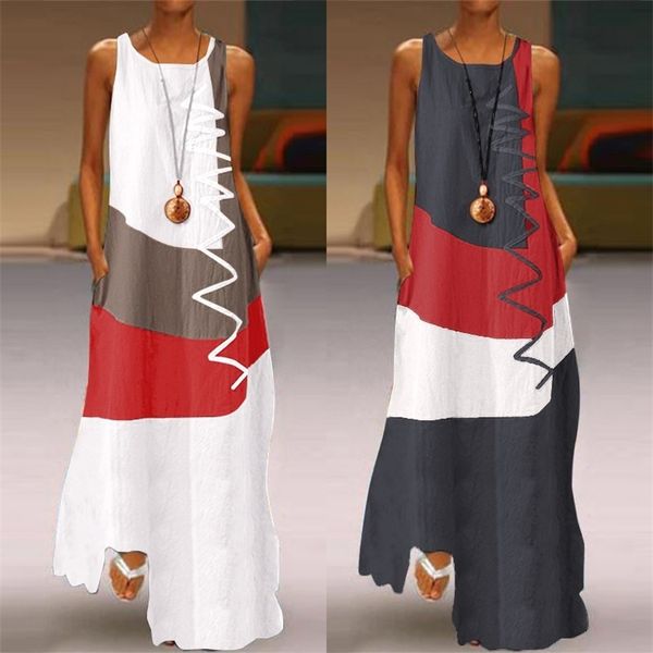 

zanzea vintage color ing maxi dress summer sundress casual sleeveless tank vestidos female o neck robe femme 220712, Black;gray