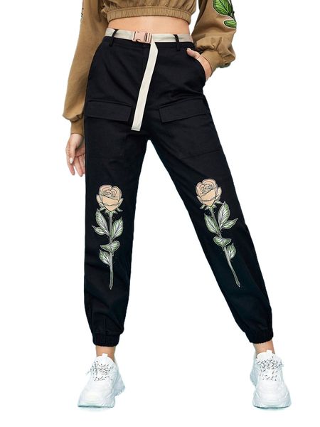 

x madujune floral print flap pocket belted cargo pants 037p#, Black;white