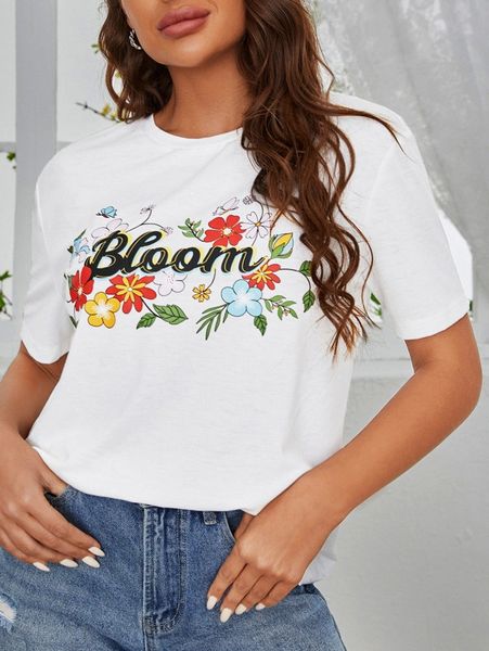 

floral & letter graphic tee i5y7#, White