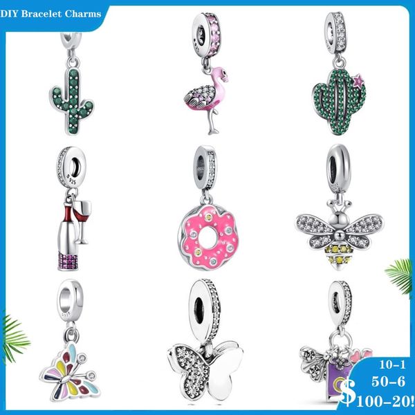 925 Gümüş Fit Pandora Charm 925 Bilezik Kaktüs Şarap Cam Donuts Kelebek Bee Flamingo DIY Takılar Set Kolye Diy İnce Boncuk Takı