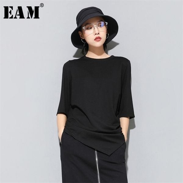 

eam new spring summer round neck three quarter sleeve red black irregular hem loose brief tshirt women fashion js997 210320, White