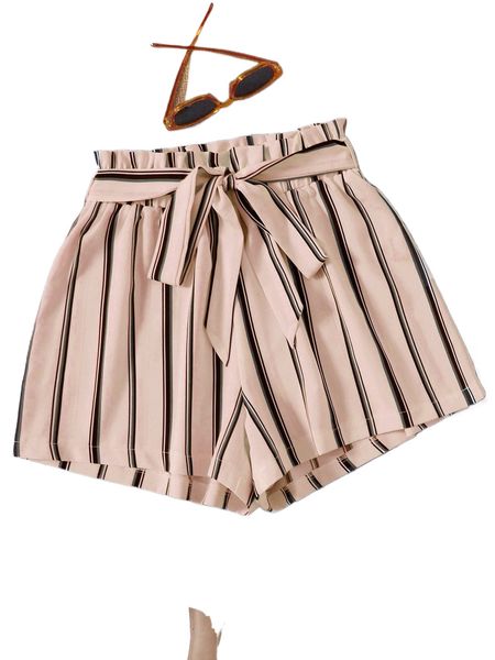 

striped paper bag waist belted shorts a8bg#, White;black