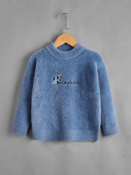 Fuzzy-Pullover mit Cartoon- und Buchstabenstickerei für Kleinkinder und Jungen