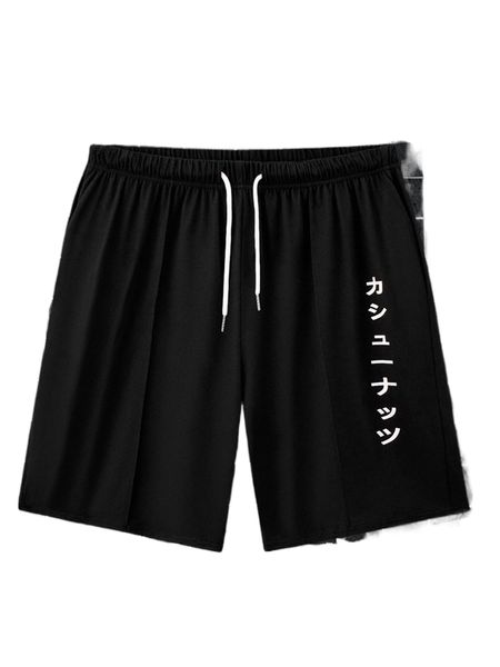 

men japanese letter graphic drawstring waist shorts l7bv#, White;black