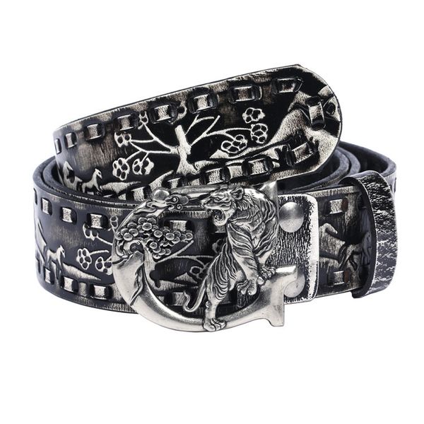 

2022 men's belts leather jeans belt european and american popular woven light luxury women's personality embossed retro tiger buck, Black;brown