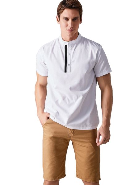 

men stand collar contrast tape half placket shirt 49v4#, White;black