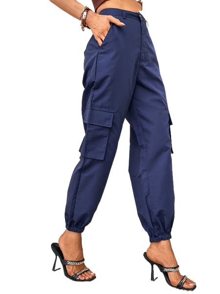 

high waisted flap pockets side cropped pants l92g#, Black;white