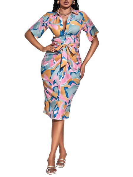 

sxy allover print drop shoulder belted shirt dress s6wz#, Black;gray