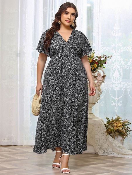 

plus ditsy floral butterfly sleeve dress z1ir#, Black