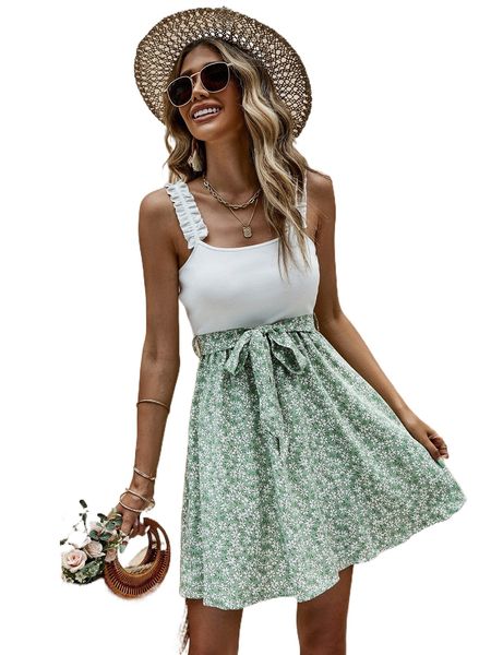 

ditsy floral frilled belted cami dress c1rx#, Black;gray