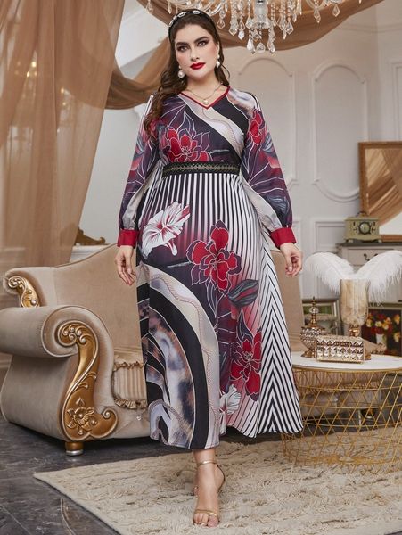 

plus floral & striped print dress 347s#, Black