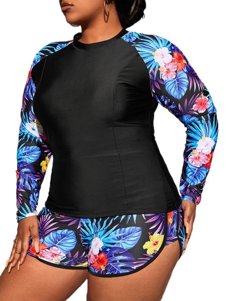 

plus tropical print high neck shorts bikini swimsuit d5d1#, White;black