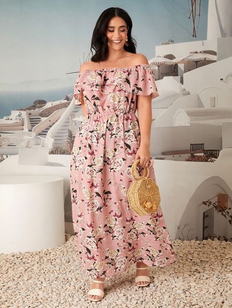 

plus floral print off shoulder ruffle trim dress 64hb#, Black