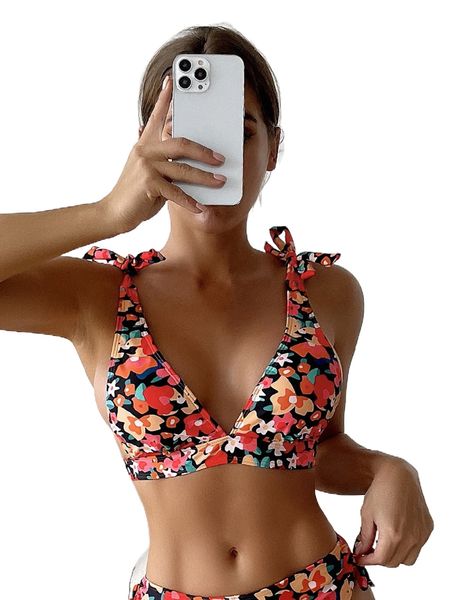 

random floral print tie shoulder bikini p8rd#, White;black