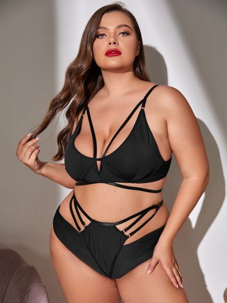 

plus ladder cut-out harness lingerie set l7je#, Black;white