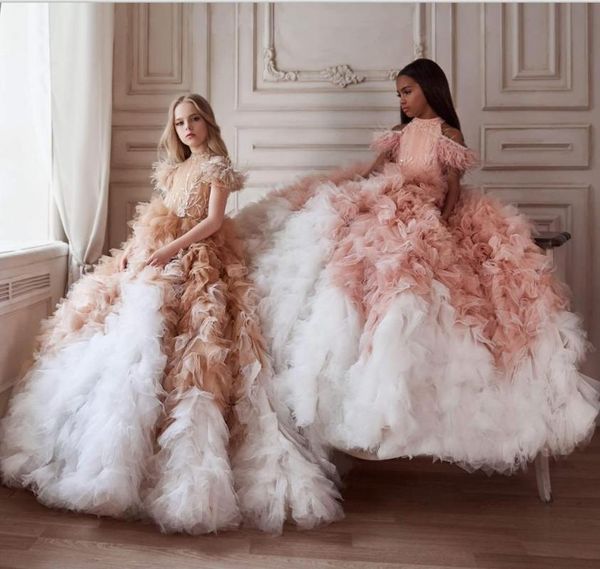 Abiti da ragazza Luxury Flower Girl increspato per matrimonio Collo alto Perline Abiti da spettacolo di piume Gonne a strati Tulle Abito da ballo per bambiniGirl's