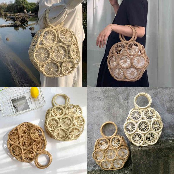 

evening bags fashion round hollow woven straw women designer handbags bohemian rope knitting beach purses bali travel rattan shoulder 220507