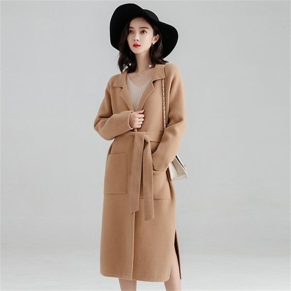 

office lady loose womens long coats outwear winter single breasted wool blend coat and jacket turn-down collar ladies coats 201222, Black