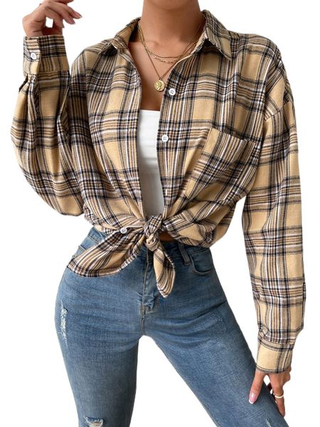 

plaid patched pocket drop shoulder shirt n67k#, White
